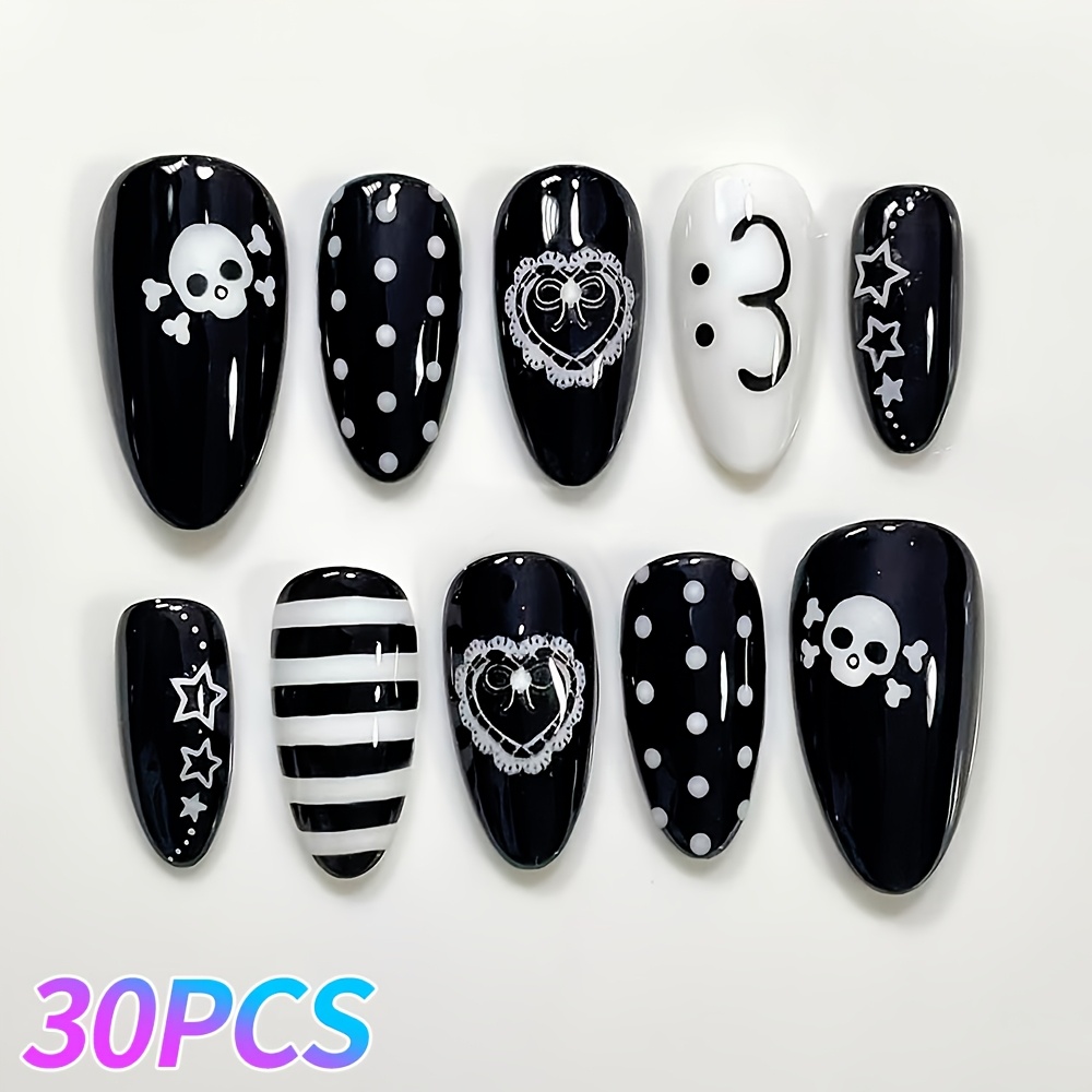 TEMU 30pcs Medium Almond Press-on Nails, Black And With , Polka Dot, Striped And Lace Bow Print, Cool Gothic Halloween Style, Reusable Nail Decor For