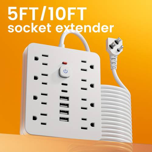 14 in 1 power strip with protector 8 ac outlets and 6 usb ports 2 usb plug space saving design wall mountable multi function power extension cord protection for and office in 5ft or 10ft