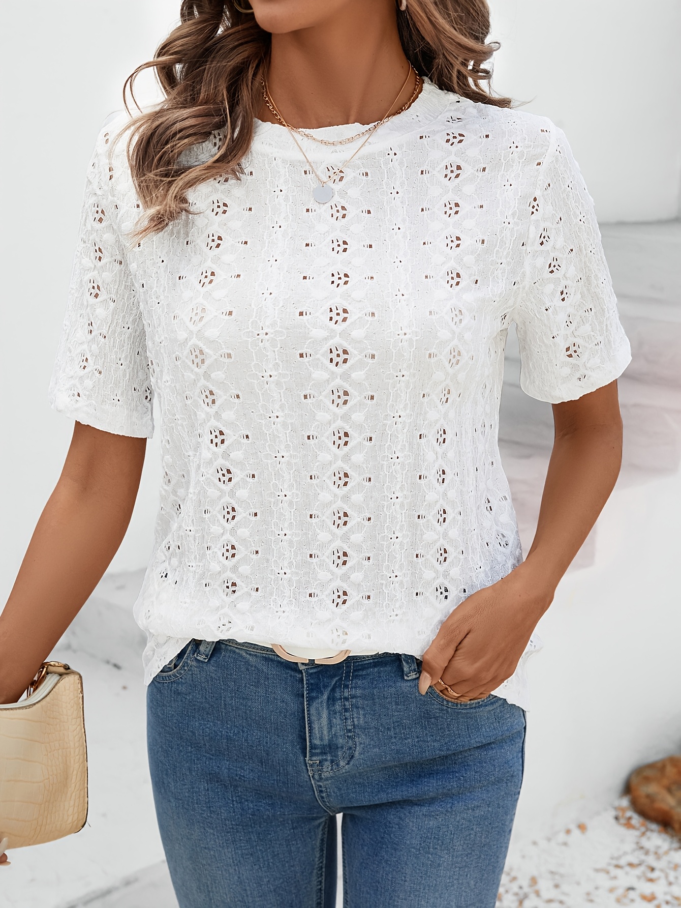 Eyelet Embroidered Crew Neck T-shirt, Casual Short Sleeve Top For Spring & Summer, Women's Clothing