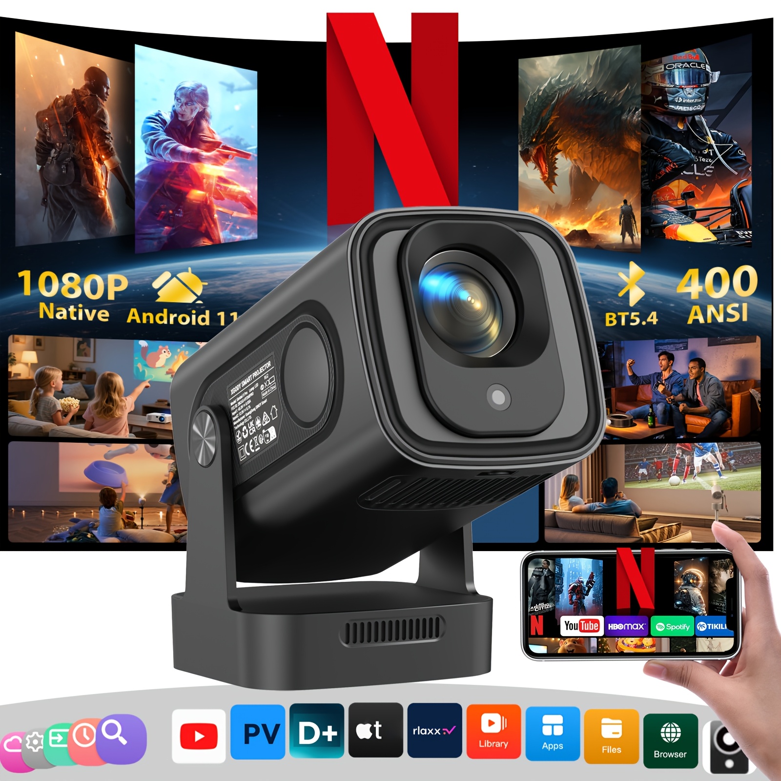 XGODY Gimbal 5 Pro Projecteur Intelligent 400ANSI Luminosité Natif 1920*1080P Support 4K Full HD 1080P Beamer avec Télécommande, Mise au Point Automatique & Correction Automatique du Trapèze WiFi 6 Sans Fil BT 5.2, Assistant Vocal Mini Cinéma Maison Projecteur APP Intégrée