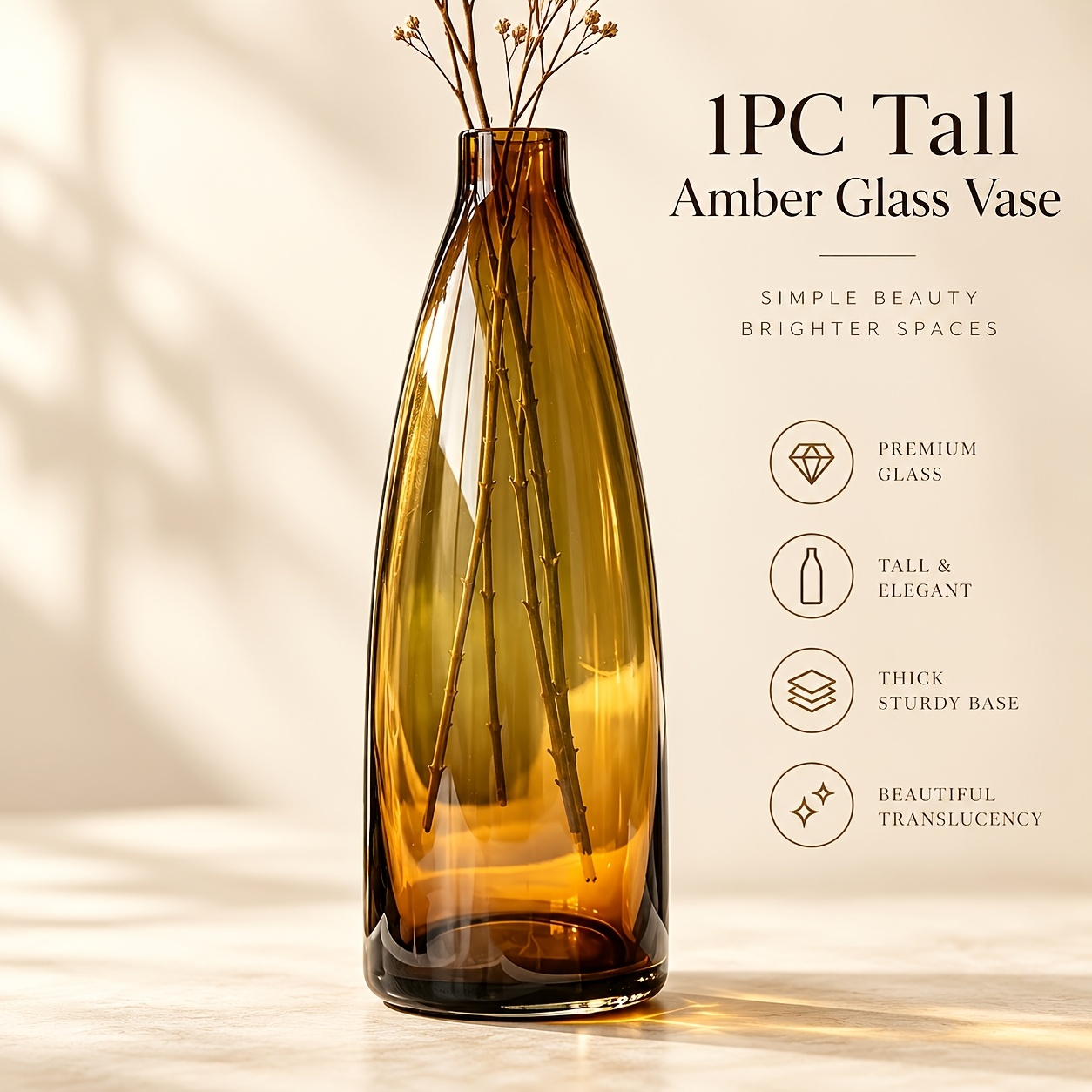 TEMU 1pc 10.7in Tall Amber Glass Vase, Modern Minimalist Brown Flower Vase For Fresh & Dried Flowers, Living Room Dining Table Mantel Shelf Office