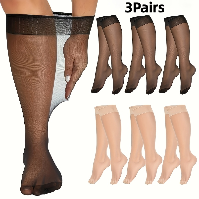 TEMU 6socks (3 Pairs) Women's Plus Size Sheer Knee High Socks Ladies Thin Stockings Non-snag Lightweight Summer Socks Fit For Dresses Skirts Elegant
