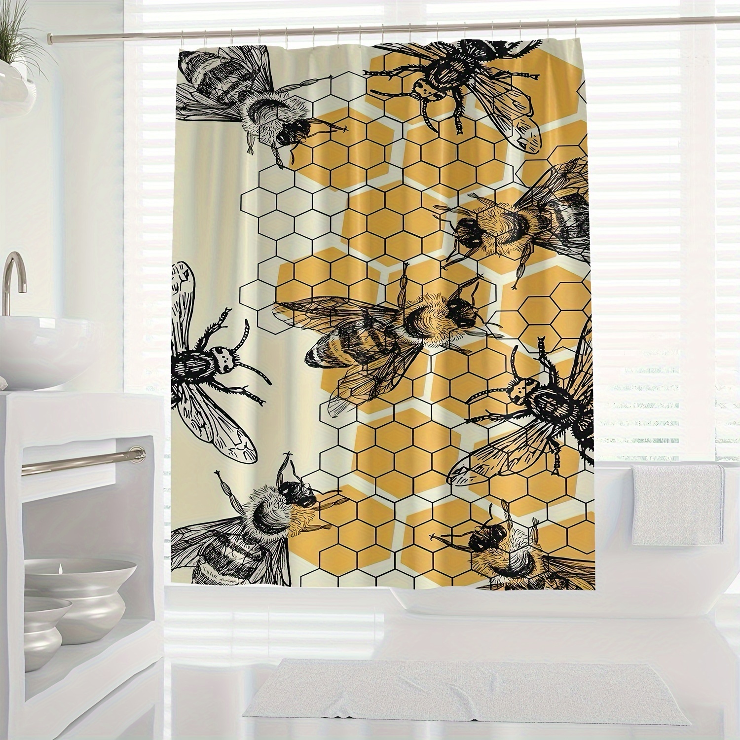 

Modern Honey Bee Hive Digital Print Shower Curtain With Hook - Water-resistant, Machine Washable, Knit Weave Polyester, Features Animal And Artistic Design, Suitable For All Seasons