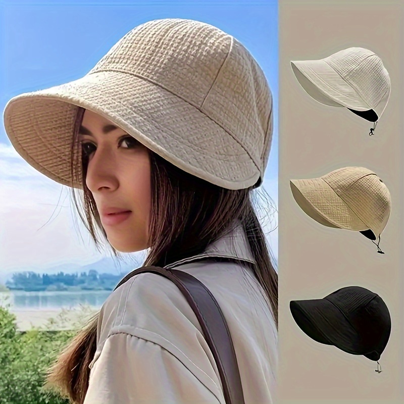 

Women's Wide Brim Sun Hat, Upf Uv Protection Hiking Fishing Cap, Solid Color Bucket Hat, Adjustable Drawstring Outdoor Beach Sunshade Hat, Foldable Ponytail Cap