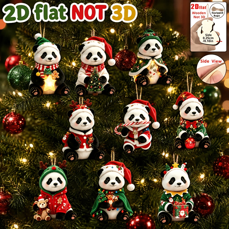TEMU Set di 9 ornamenti in legno a forma di panda, stile natalizio, 2D, - 2D, non 3D | Stile , legno manufatto | Adatti per albero di Natale, casa,