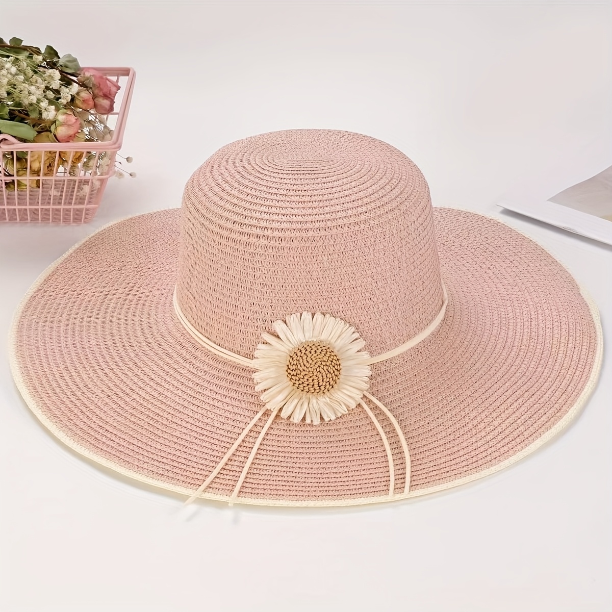 Fashionable Wide-Brim Straw Sun Hat with Floral Decoration Breathable,  Foldable Beach Hat for Women, Beach Accessories Floral Embellished Hat 