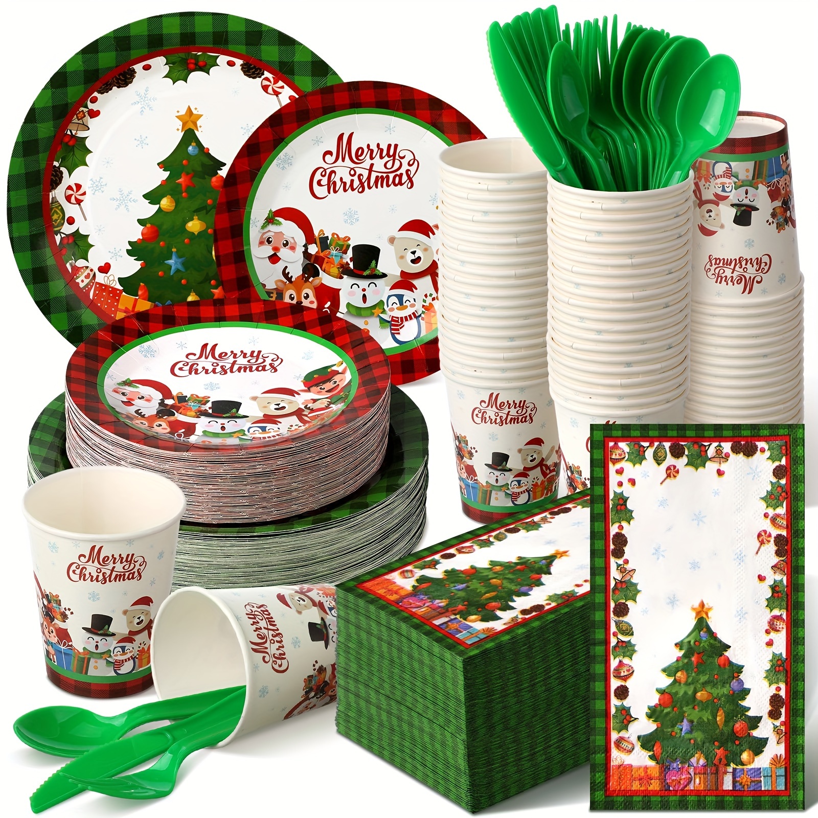 400pcs Christmas Dinnerware Set Disposable Christmas Plates And Napkins Set Serve 50 Winter Xmas Paper Dinner Plates Napkins Cup Christmas Party Supplies For Holiday (black, Red, Santa)