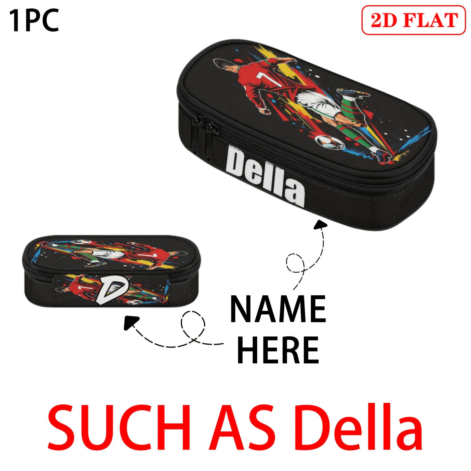 TEMU 1pc Étui à stylo personnalisé, téléchargez votre nom pour la personnalisation, 2D plat, de soccer rouge le ballon, avec compartiment à fermeture