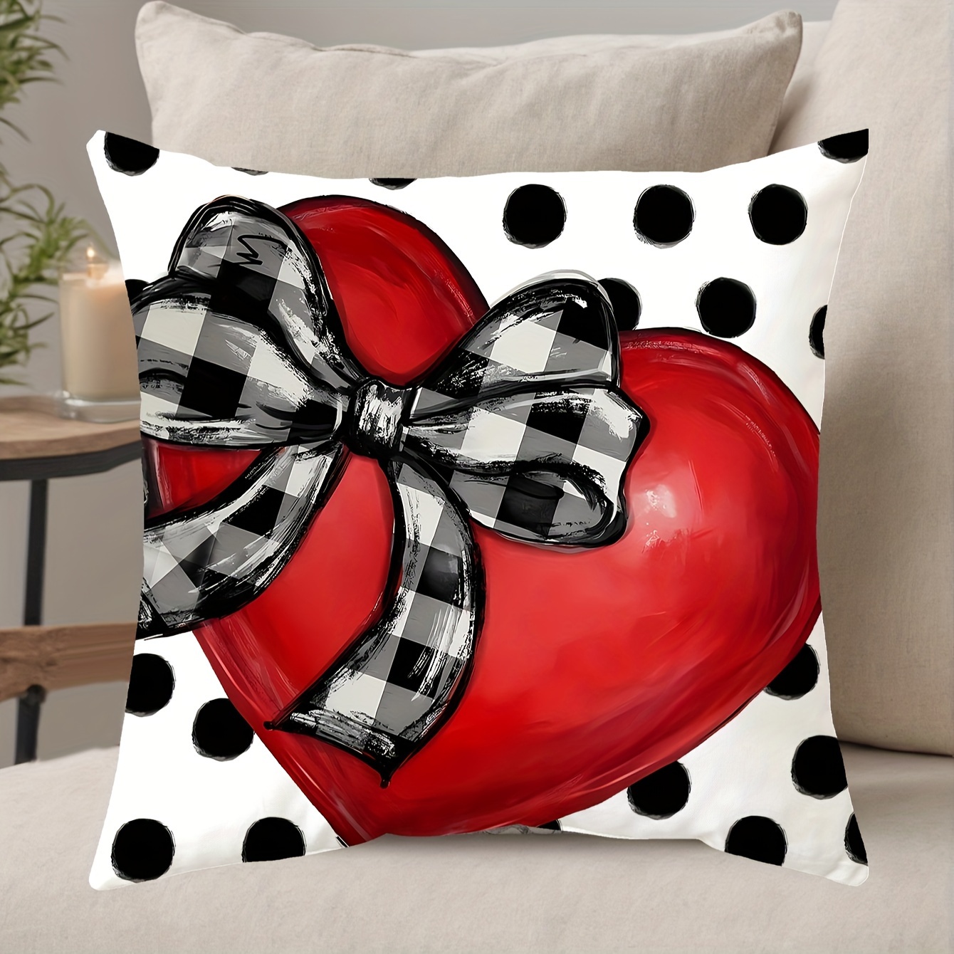 

2pcs, Contemporary Style Printed Burlap Heart Shaped Pillow Covers With Bow Tie Design, Black And White Polka Dots, 18x18 Inches, Decorative Cushion Cases For Home Decor