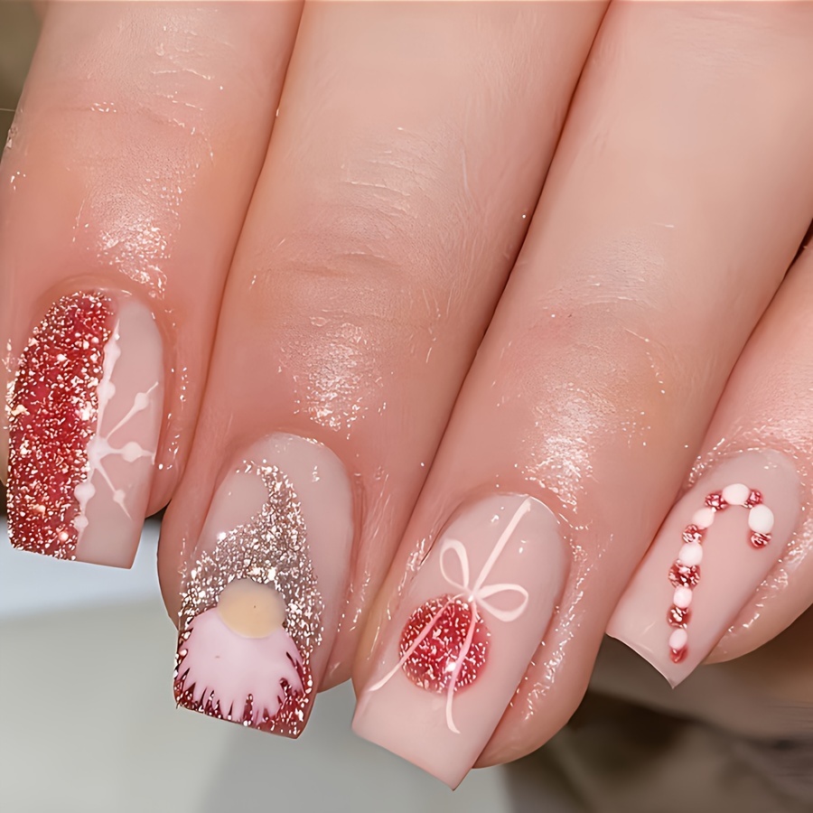 

24pcs Set Of Pink Christmas Press-on Nails With Candy, Cane & Gift Designs - Medium Square False Nails For Manicure, Christmas Nail Charms For Nails