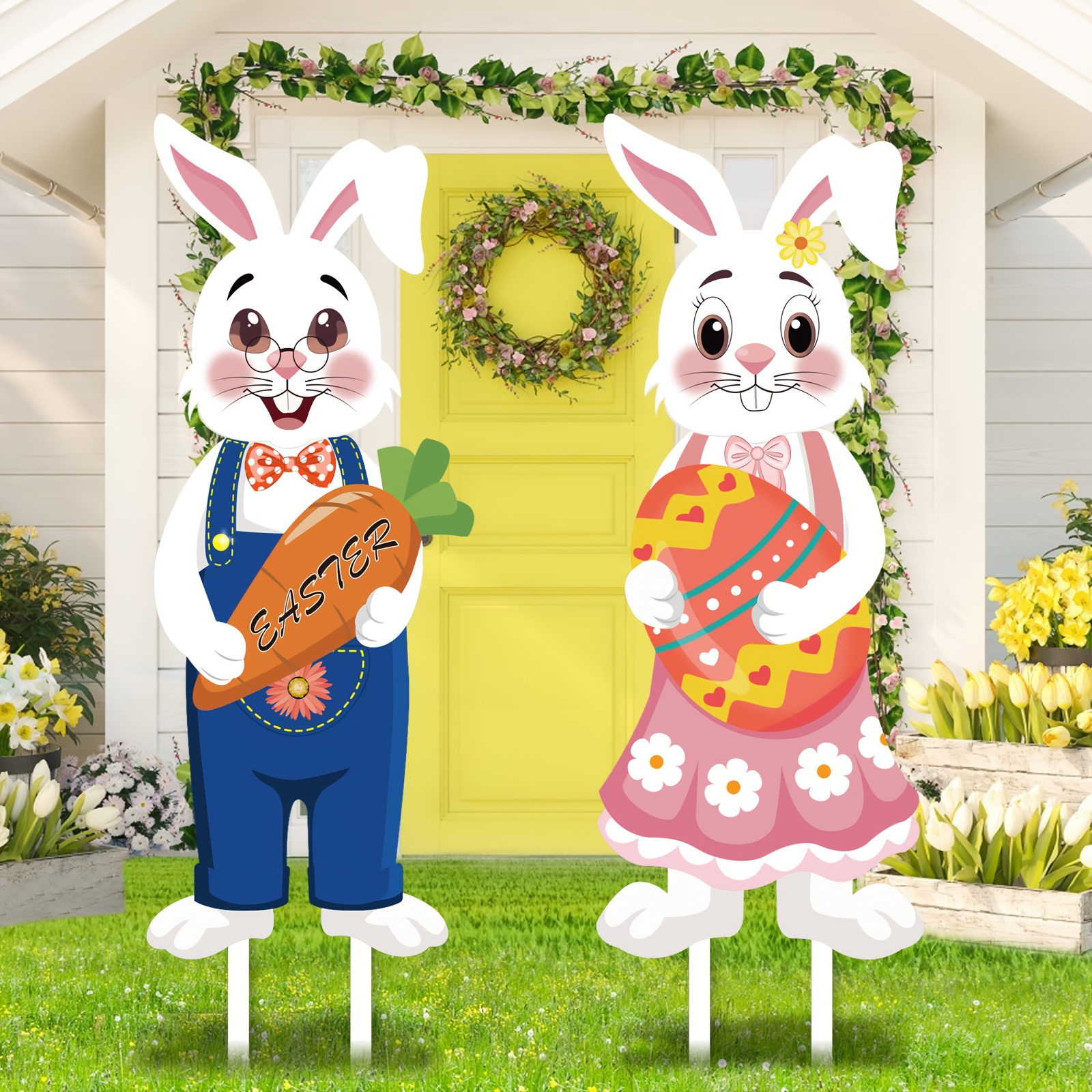 

2pcs Easter Bunny & Yard Signs - Large "x12.2" Outdoor Garden Decorations For Spring, No Battery Needed