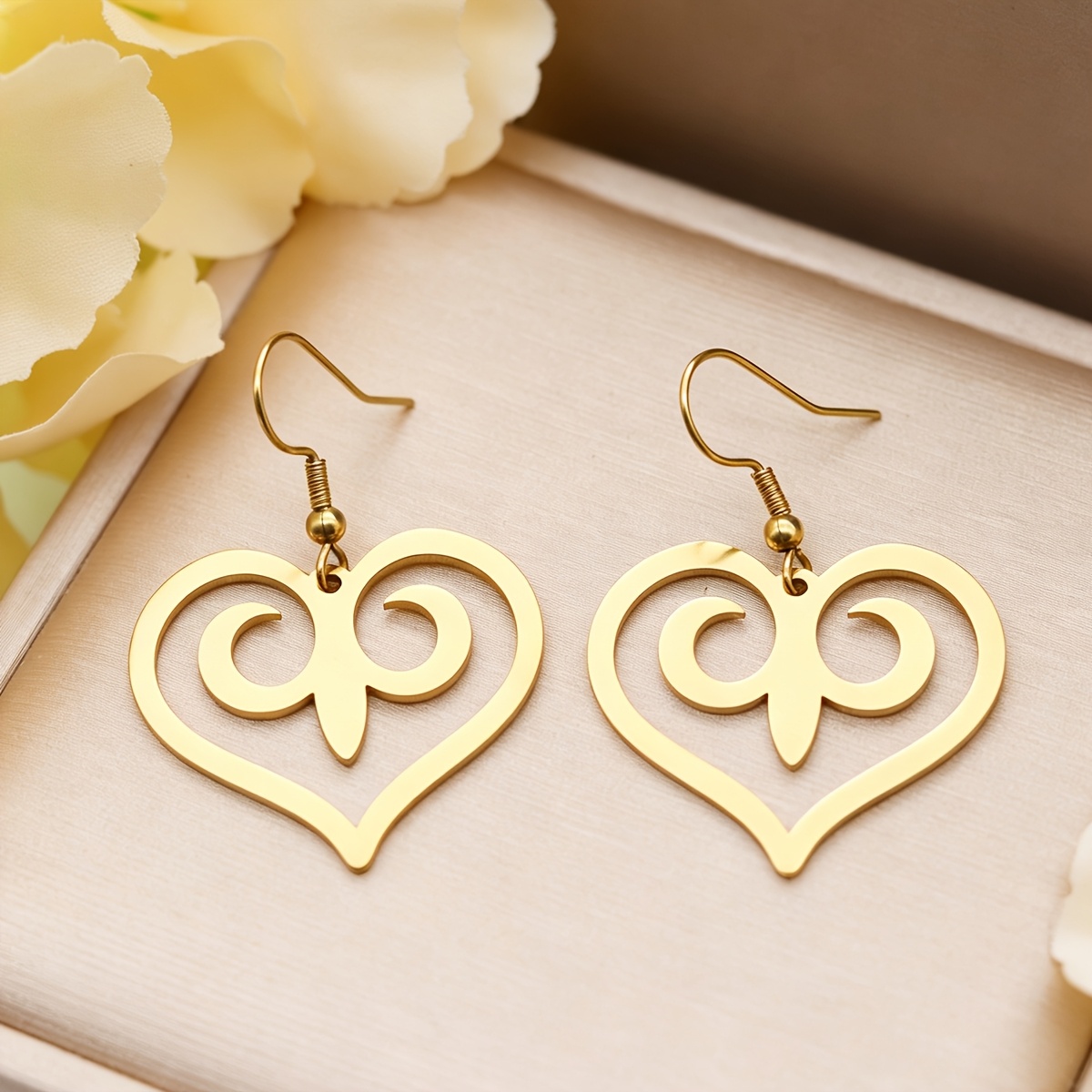 Hollow Heart Double Spiral Drop Earrings, Geometric Boho Jewelry