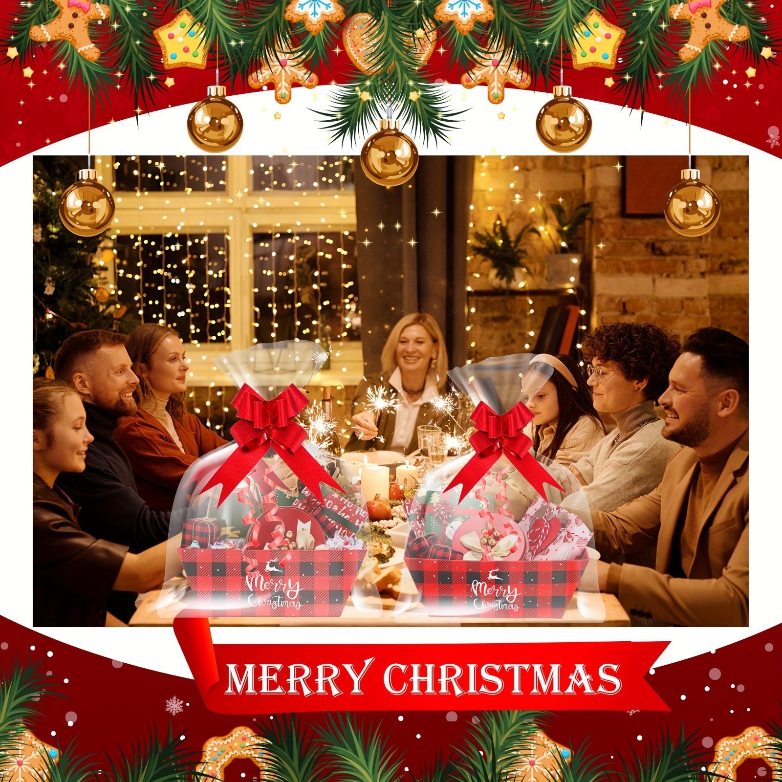 36pcs Bulk Christmas Gift Basket Set - Sturdy Cardboard Baskets with Red Buffalo Plaid & Pull Bows (12 Baskets + 12 Bows) Large Holiday Boxes for Xmas Stocking Stuffers, Party Favors, Corporate Gifts - Easy Assembly