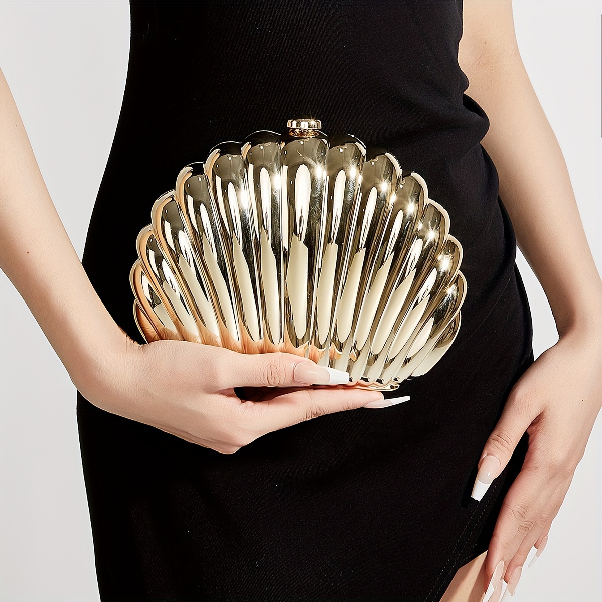 

Chic Minimalist Gold Acrylic Evening Clutch, Solid Color Shell-shaped Handbag For Parties, Weddings, Prom With Removable Chain Strap