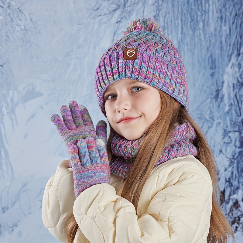 Image of 3pcs 's Hat, Gloves, And Neck Warmer Set, Winter Outdoor Plush-lined Warm Earmuff Knitted Pullover Hat For Boys And Girls, Suitable For Ages 3-9