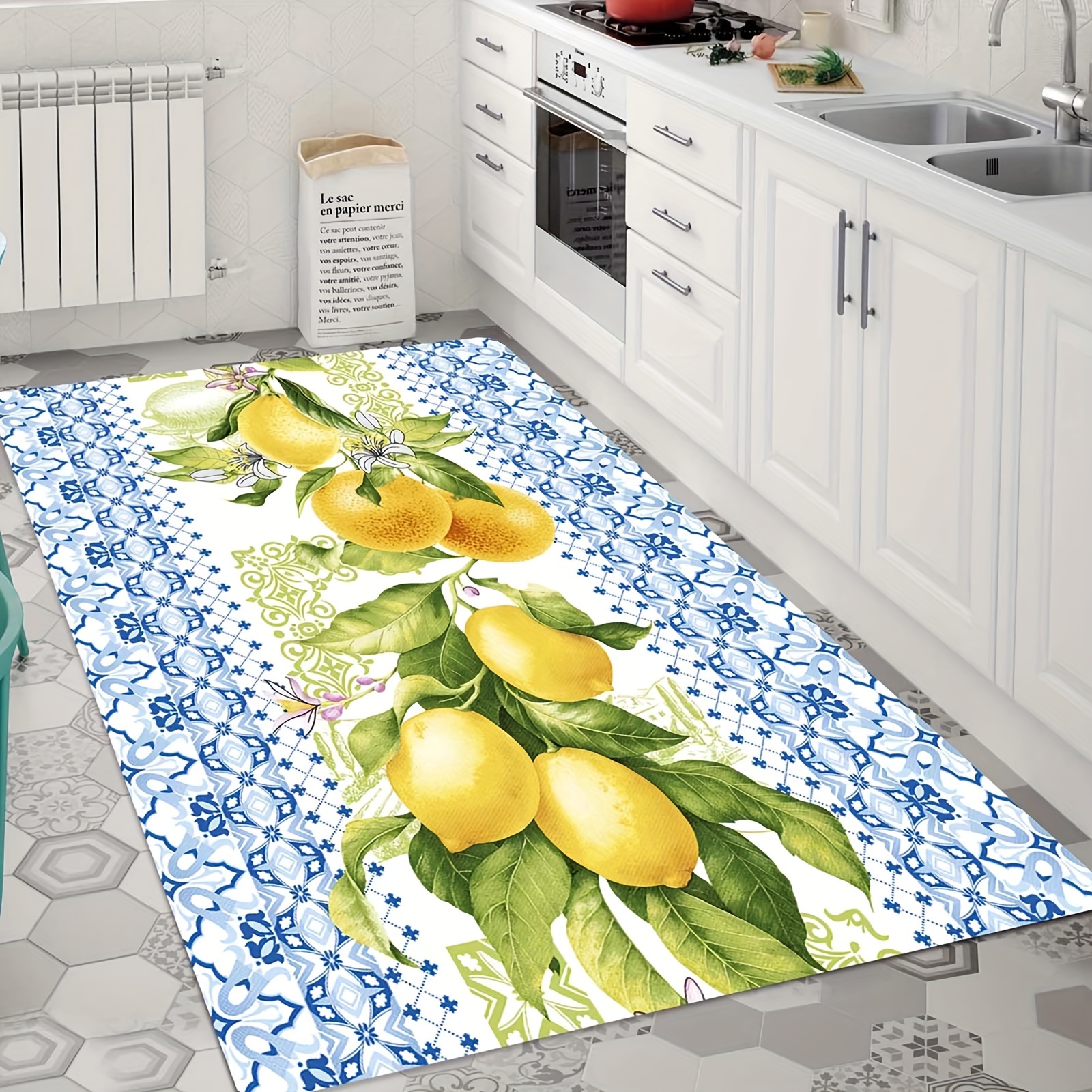 

1pc Soft & Non-slip Kitchen Mat With Floral And - Durable, Easy-clean Polyester Rug For Living Room Decor