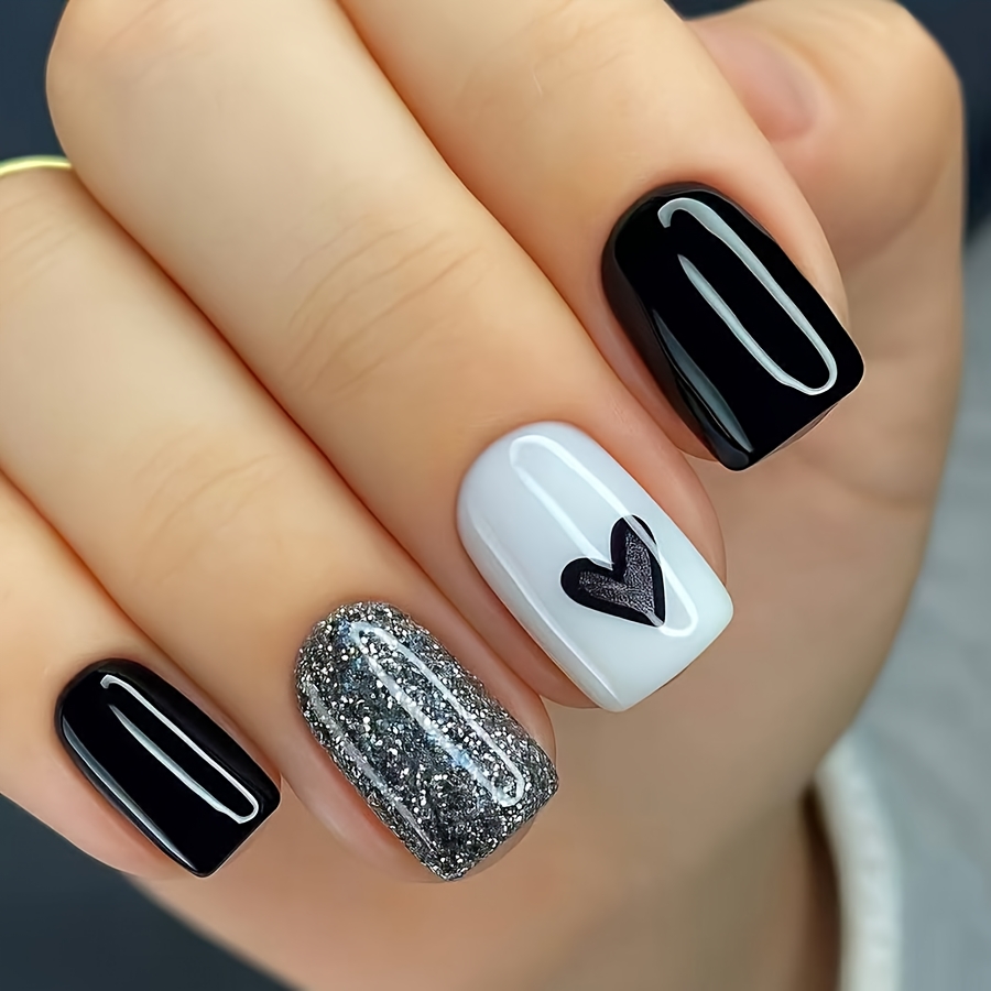 TEMU 24pcs Short Glossy Square Coffin Western Valentine's Day Most Popular Fake Nails Easy Black Heart Sweet Shimmer Pink -match Wearable Nails