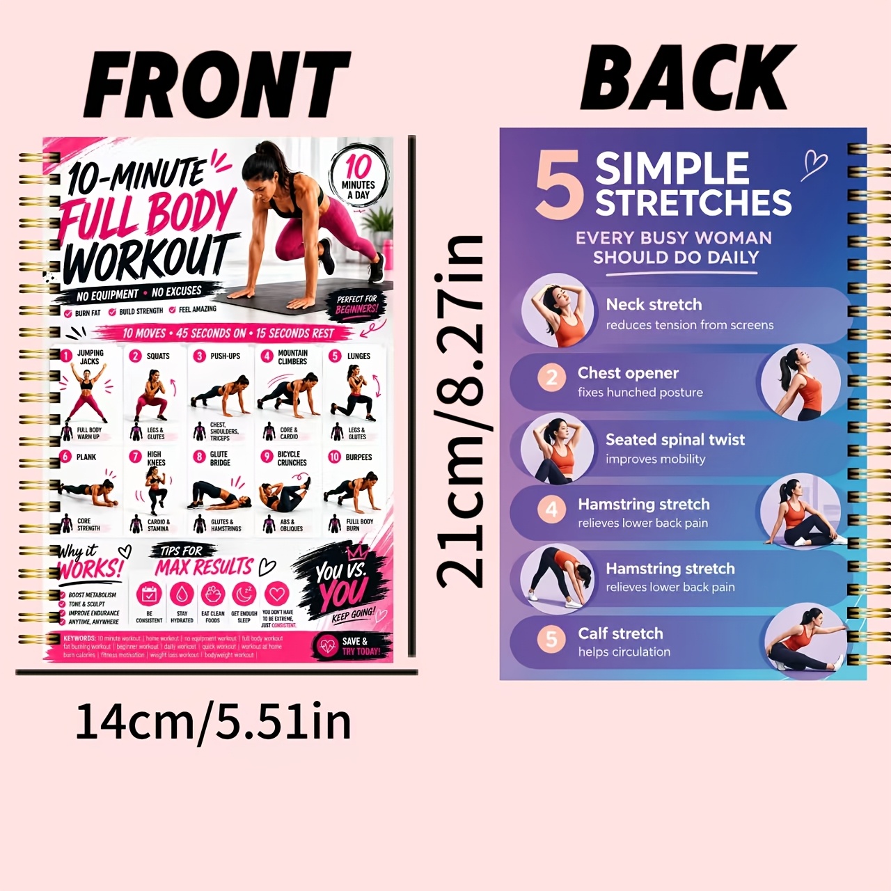 Image of 1pc 10-minute Full Body Workout No Equipment Theme Spiral Notebook | Beginner Home Slimming Record Book | Daily Fitness Tracking And Weekly Review | Slimming Essential