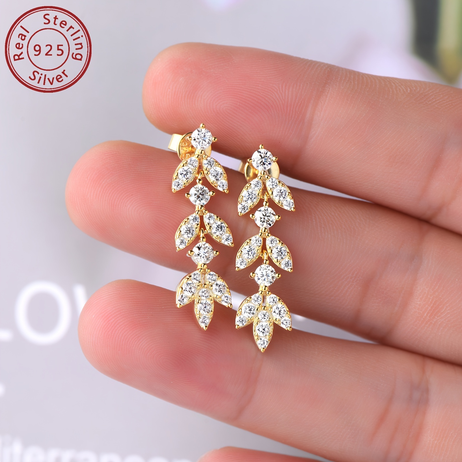 elegant luxury leaf drop dangle earrings 14k golden plated 925 sterling silver with synthetic moissanite april birthstone christmas wedding holiday jewelry gift for women details 9