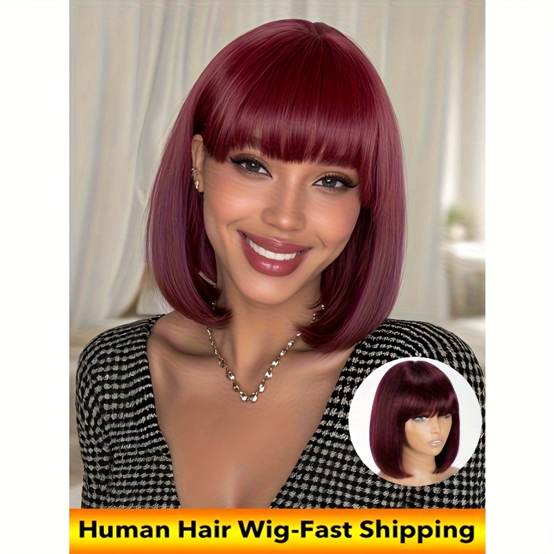 Brazilian Human Hair Wig Burgundy 99j Color Straight Bob Wig With Bangs Machine Made Wig Human Hair Wigs Short Bob Fringe Wigs For Women