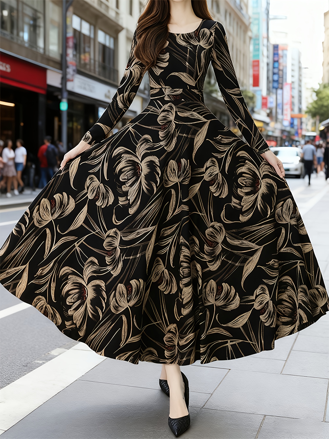 women's elegant floral print round neck long sleeve a-line dress - fitted  short length, button front closure, machine washable spring/fall casual to  semi-formal outfit, long sleeve dresses, no stretch fabric | Free