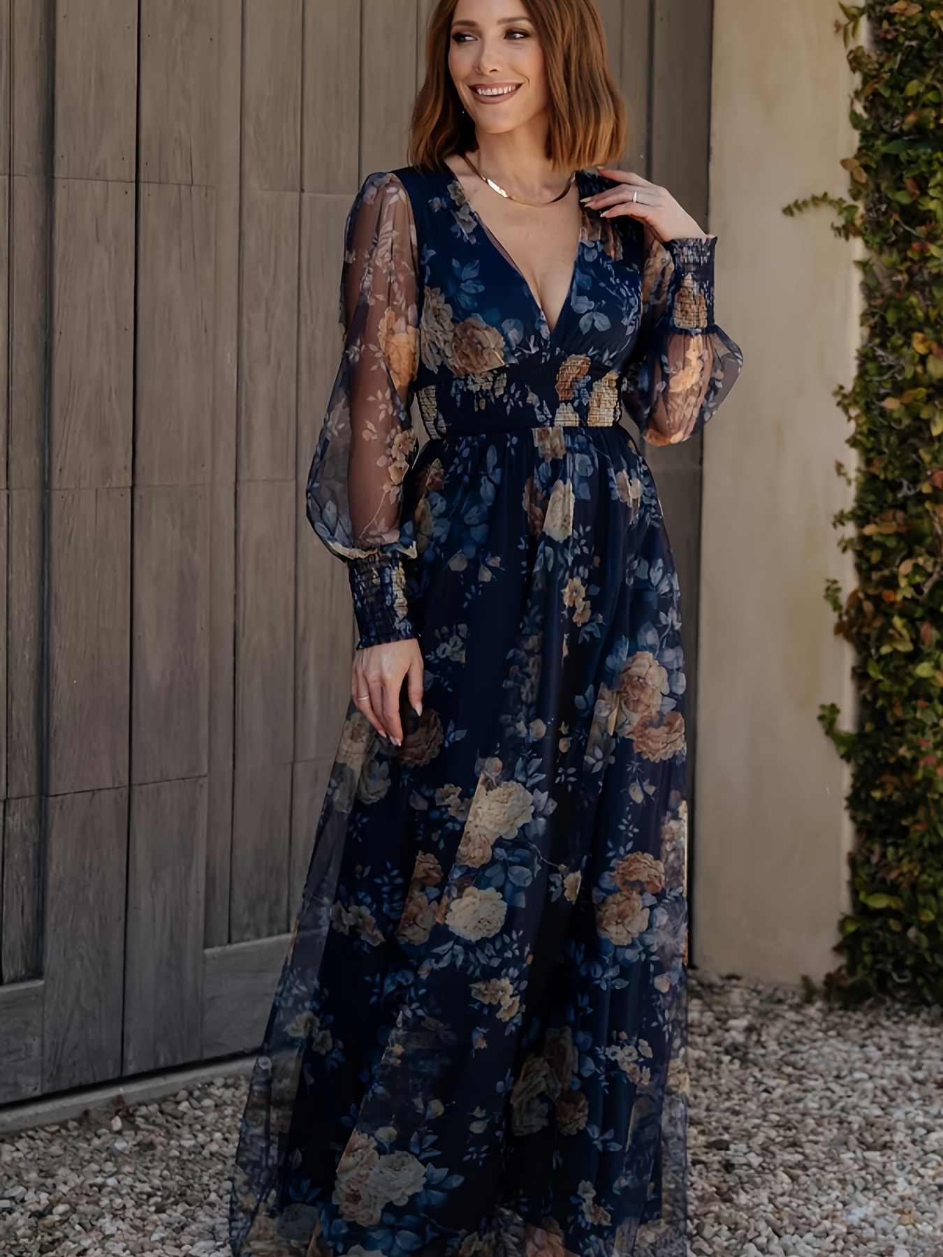 elegant deep v neck floral print maxi dress with lantern sleeves ruched waist lightweight polyester   parties vacations and formal events vacation dress ruched waist dress glossy texture navy blue 0