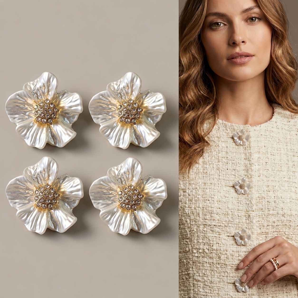 TEMU 4pcs French Style Flower Metal Buttons, Rhinestone Shank Fasteners For Suits Coats And Sweaters