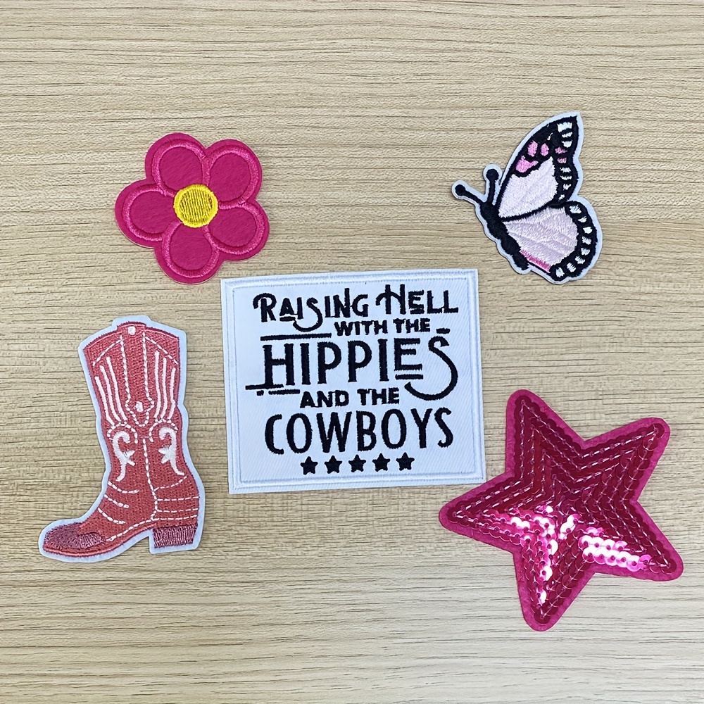 

5pcs Retro Applique Patches Set: Cowboy Boot, Sequin Star, Embroidered Butterfly, Flower, & Hippies And Cowboys Motif – Ideal For Hat, Clothing, And Backpack Decoration