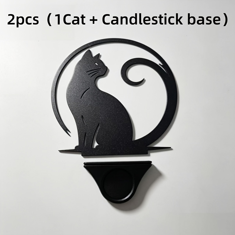 TEMU 2d Flat, 2pcs Set: 1pc Black Cat Silhouette Ornament + 1pc Candle Holder Base, Minimalist Black Cat Cutout Desktop Decor, Nordic Style Entryway