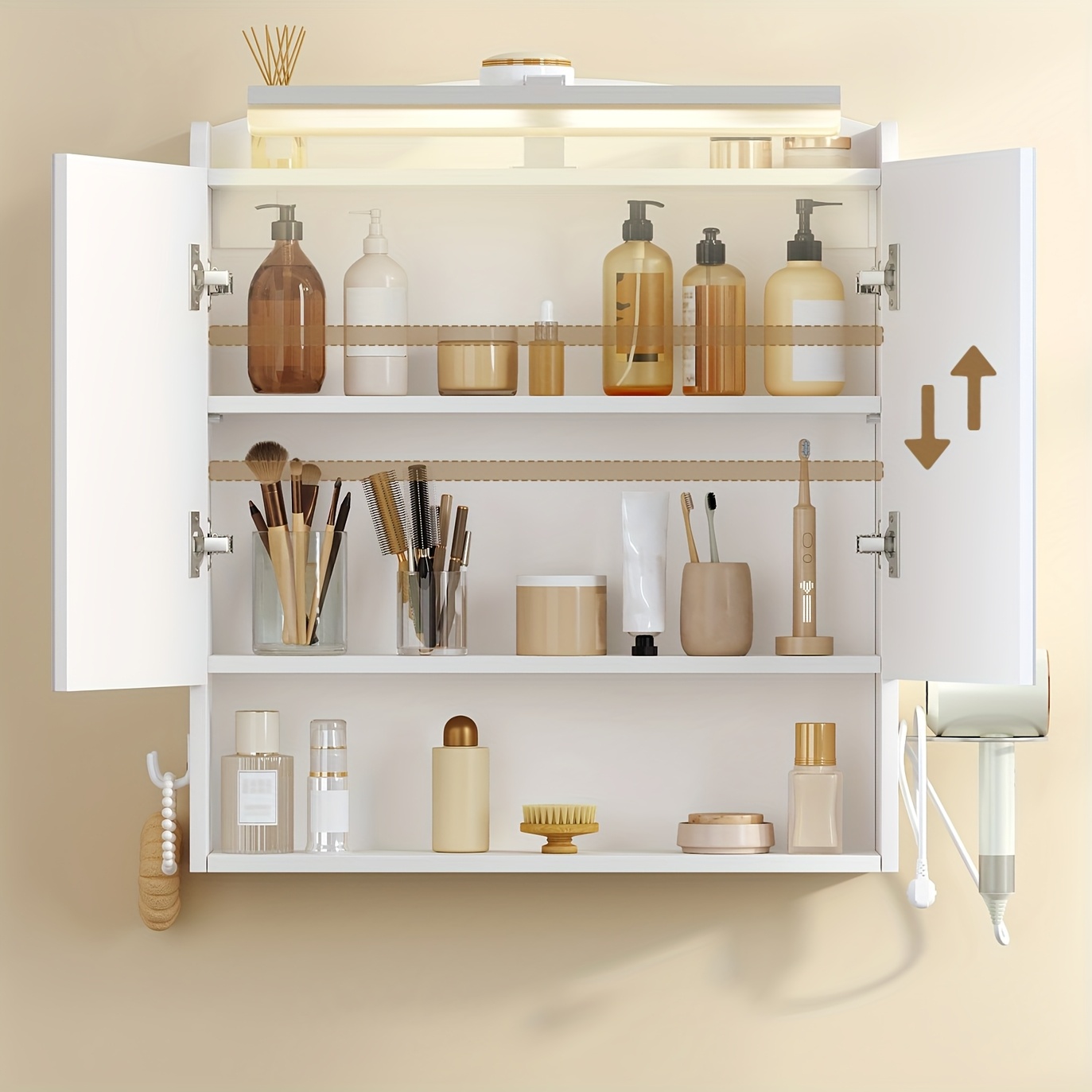 Image of Mirror Cabinet For The Bathroom, Featuring A Wall-mounted Design, Hairdryer Holder, Hooks, And Adjustable Shelves, In White, Measuring 16.5 X 60 X 68.5 Cm