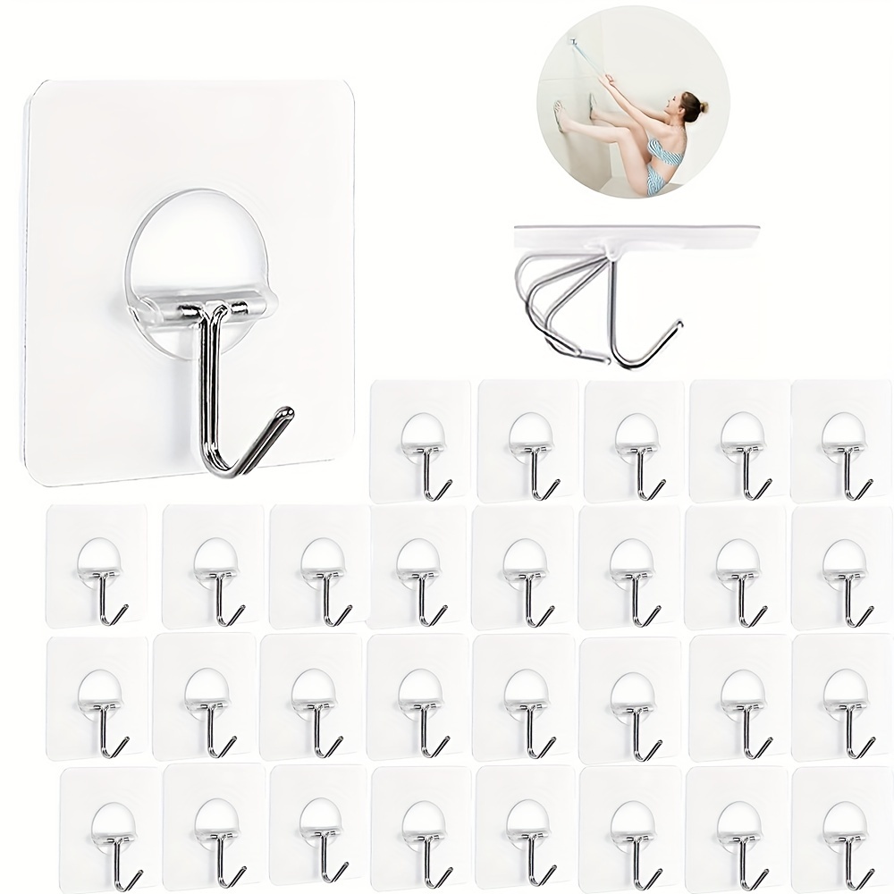 

15/30pcs Wall Hooks For Hanging 13lb (max) Heavy Duty Self Adhesive Hooks Transparent Waterproof Hooks For Keys Bathroom Shower Outdoor Kitchen Door Home Improvement Utility Hooks