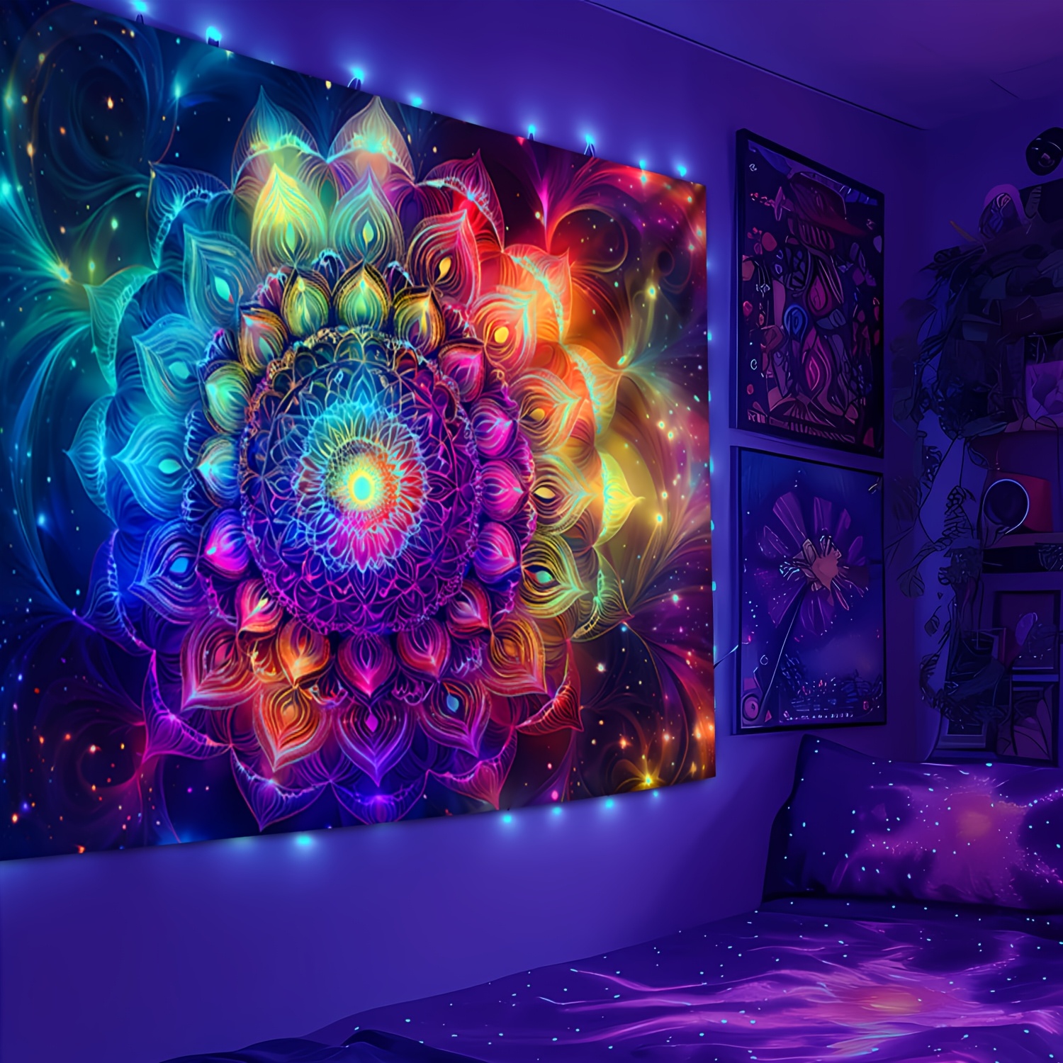TEMU 1pc Large Size Mandala Bohemia Aesthetics Uv Black Light Tapestry-festive Gift Party Decoration Home Decoration Background Cloth Bedroom Office