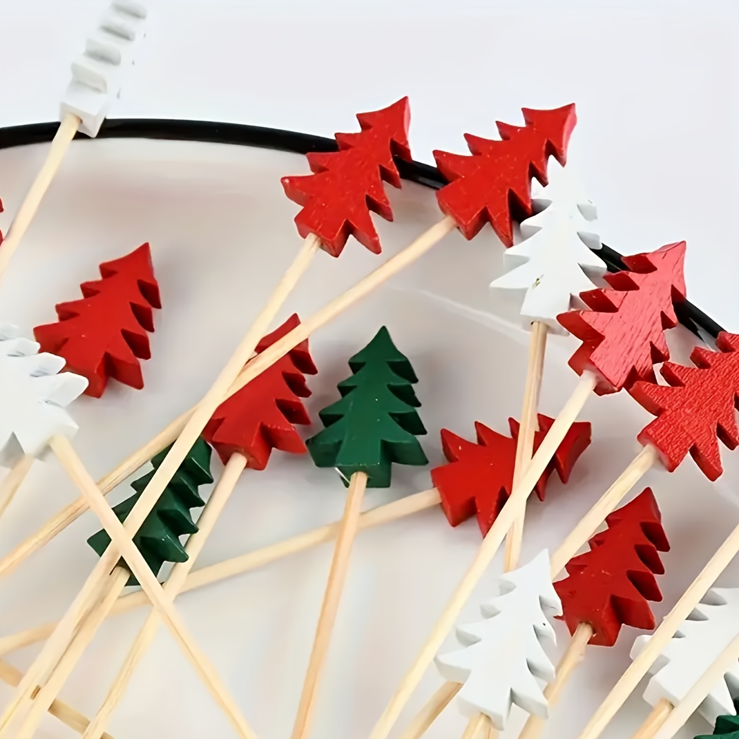 Image of 100 50pcs Christmas - Tree - Shaped Cocktail Picks Are Here! With Exquisitely - Designed Trees In Red, Green And White, 're Made Of - Bamboo And Wood, A Sense Of Ceremony To Christmas Parties.