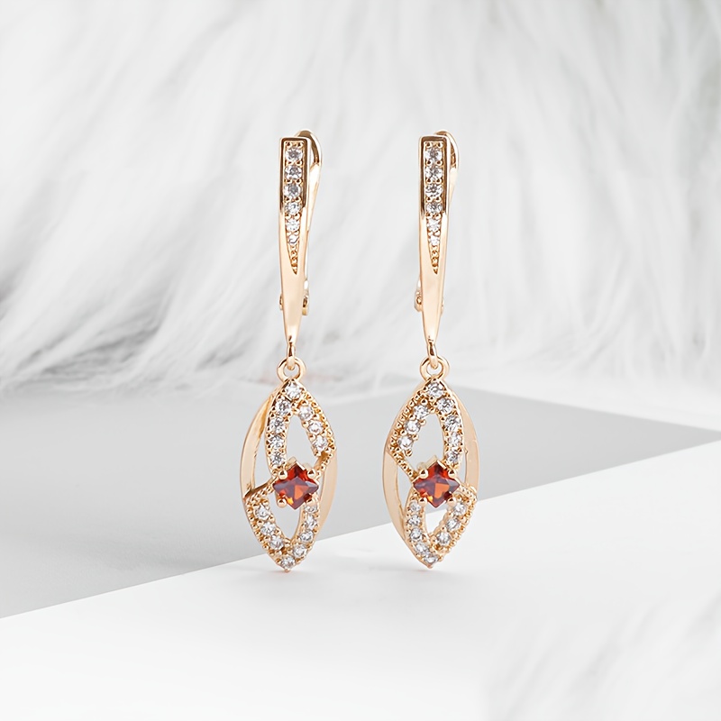 Women's Long Copper Earrings with Red Synthetic Zirconia