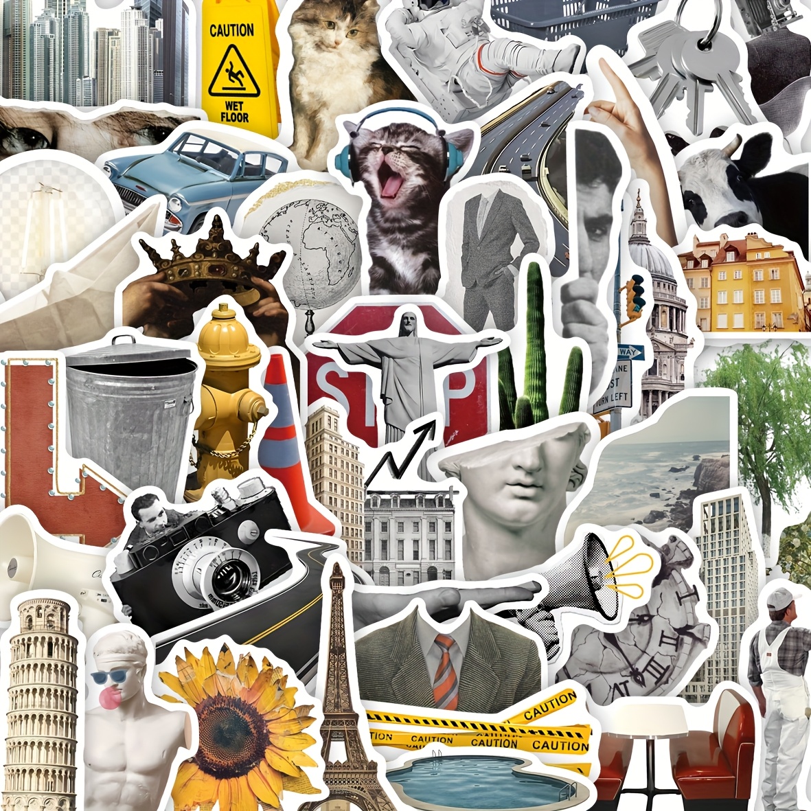 Image of 50pcs Collage Sticker Pack — Whimsical Vintage & Modern Vinyl Decals For Laptops, Journals, Water Bottles — Perfect For Art Enthusiasts, Collage Lovers & Creative