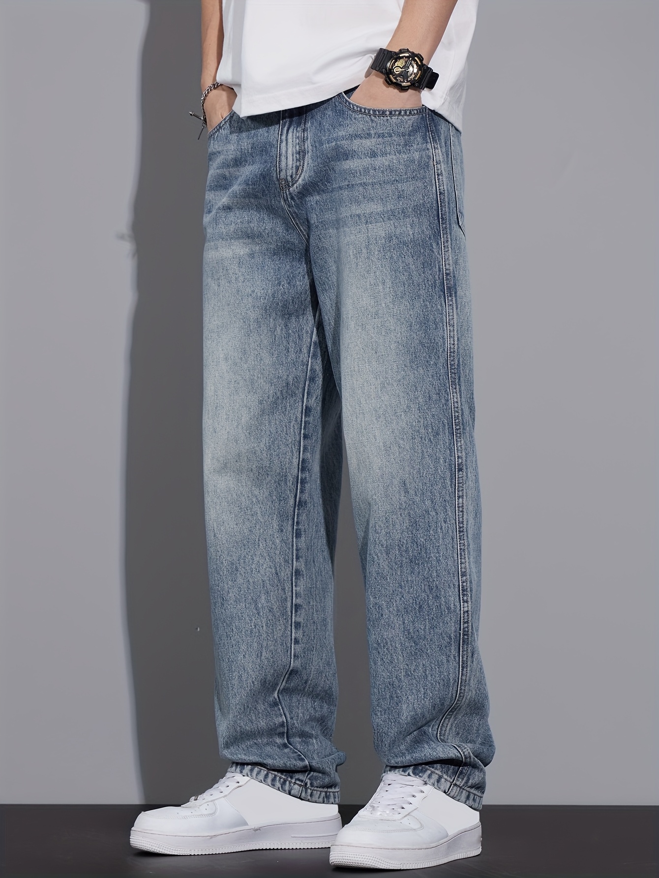 Men'S Vintage Washed Straight-Leg Jeans, Loose-Fitting And Trendy for Spring And Autumn, Versatile Casual Pants in Light Blue, New Style for 2025 (Geng Yuan Shi)