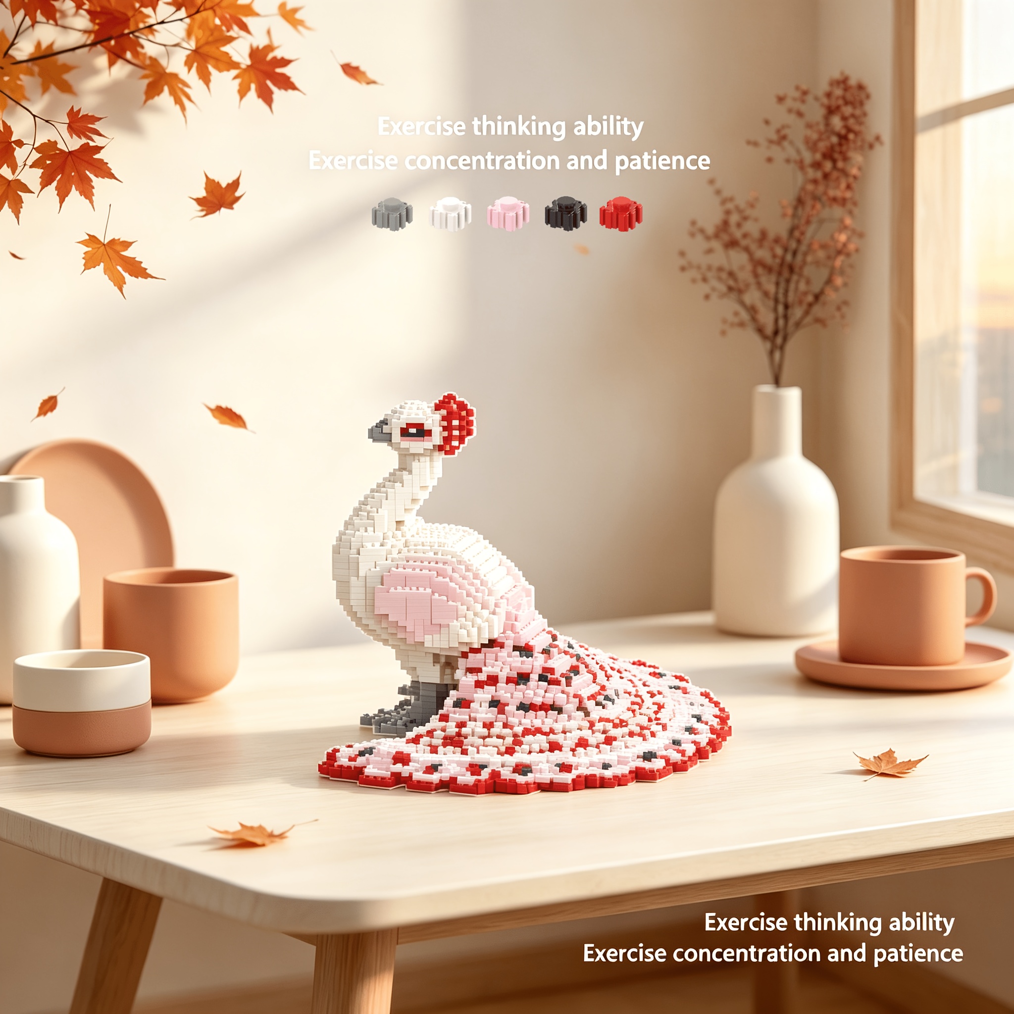 TEMU Poupée de construction à couronne rouge et plume rose, avec des emboîtables 3D pour former une tête, un cou et un corps ronds. Un ornement