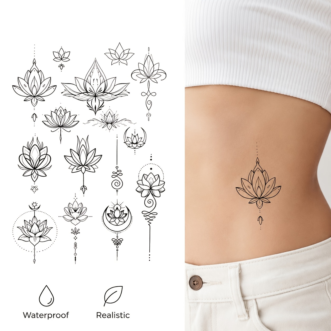 1pc/6pcs Lotus Flower Temporary Tattoo Sticker, Waterproof Realistic Fine Line   Tattoo, Elegant Floral Body Art for Waist, Arm, Wrist, Shoulder And Leg