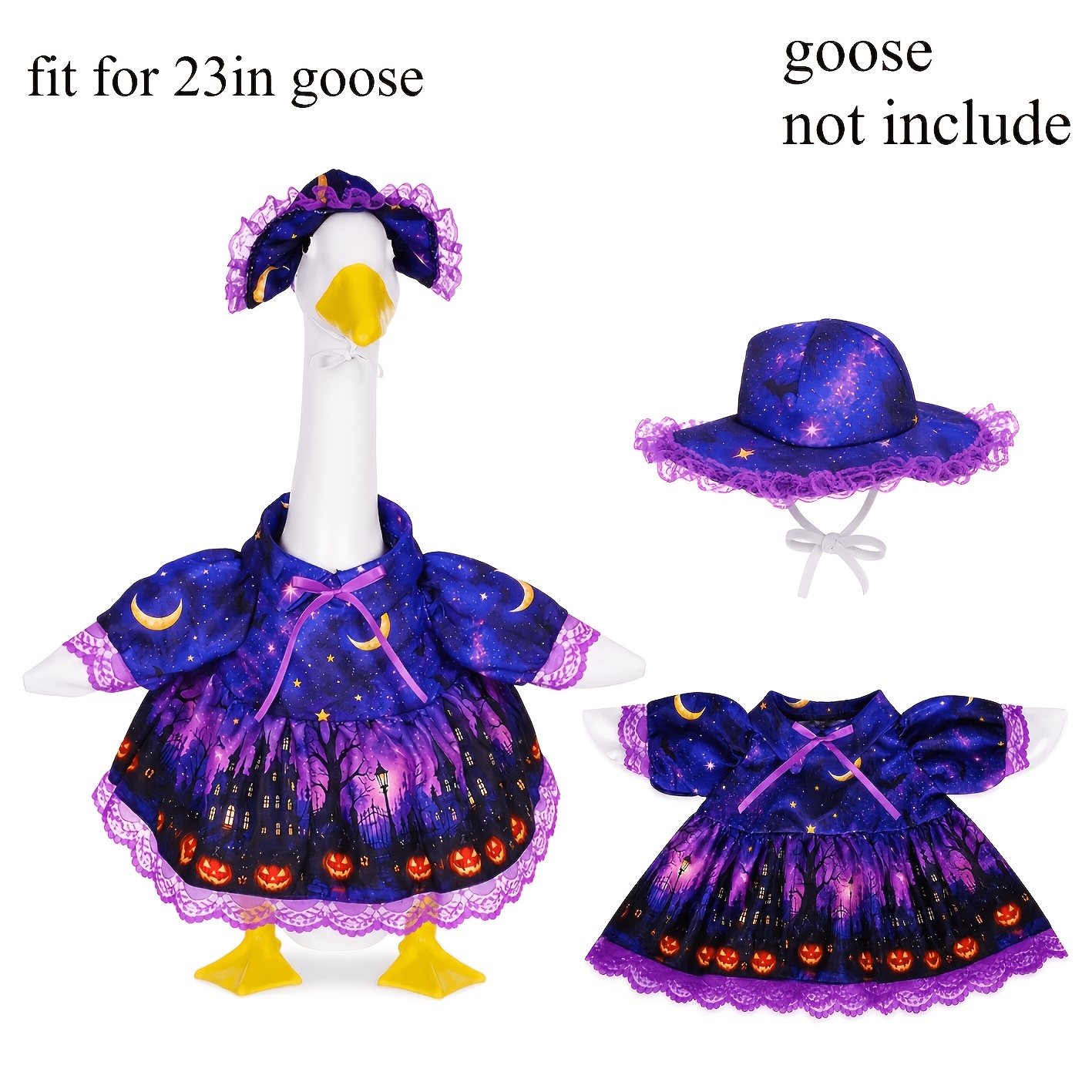 TEMU Night Halloween Themed Porch Goose Set Includes Purple Lace Trimmed Star Moon Printed Wide Brim Hat And Lace Puff Sleeve Printed Dress Suitable