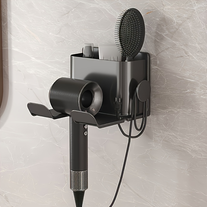 TEMU 1pc No-drill Wall-mounted Plastic Hair Dryer Holder, Space-saving Bathroom Organizer And Phone Stand, Easy-to-install Wall-mounted Bracket,