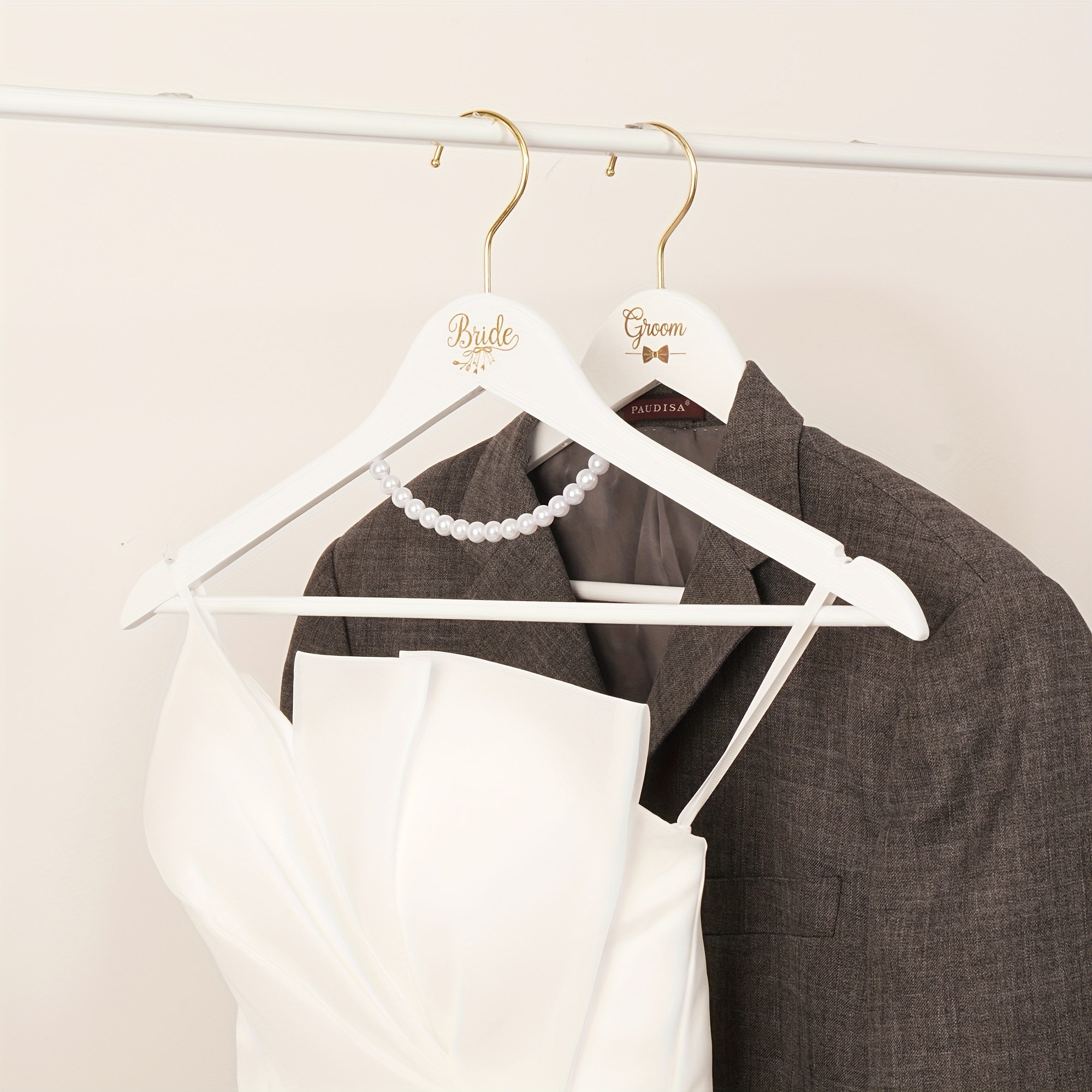 2 White Pearl Wedding Hangers for Bride and Groom