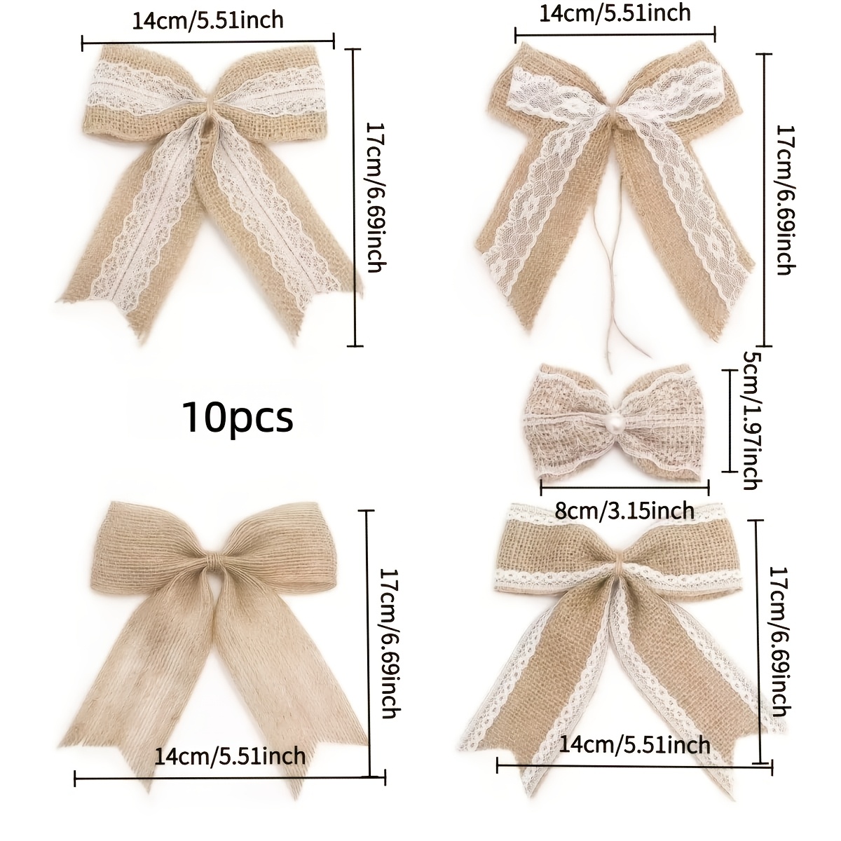 TEMU Lot de 10 nœuds de Noël rustiques en toile de jute et dentelle, nœuds élégants de vintage avec bordure en dentelle blanche, nœuds exquisement
