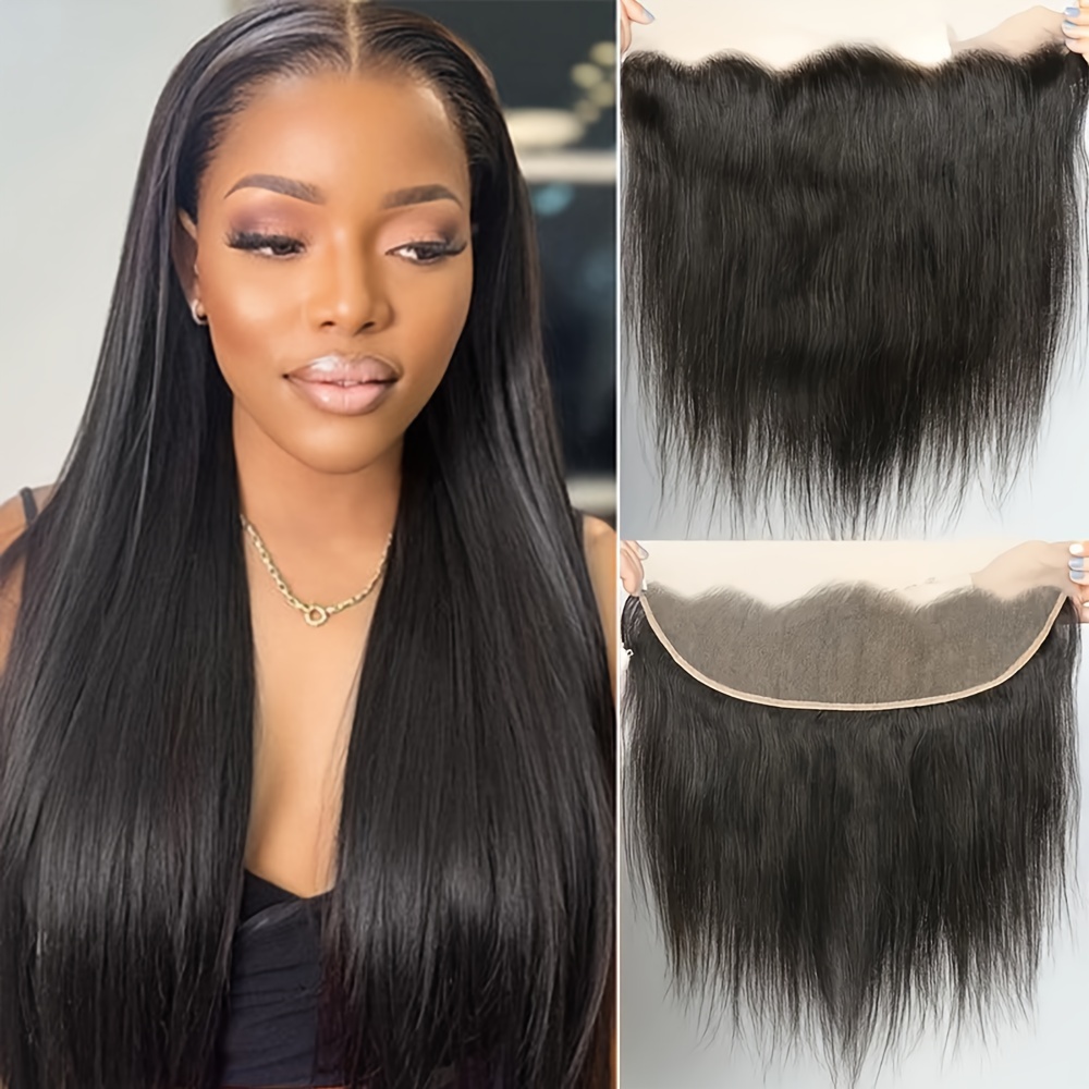 

Women's Straight Hair Lace Frontal Closure, Free Part Human Hair Extension, Pre-plucked 13x4 Inch, Natural Black, 50g Weight, Universal Fit