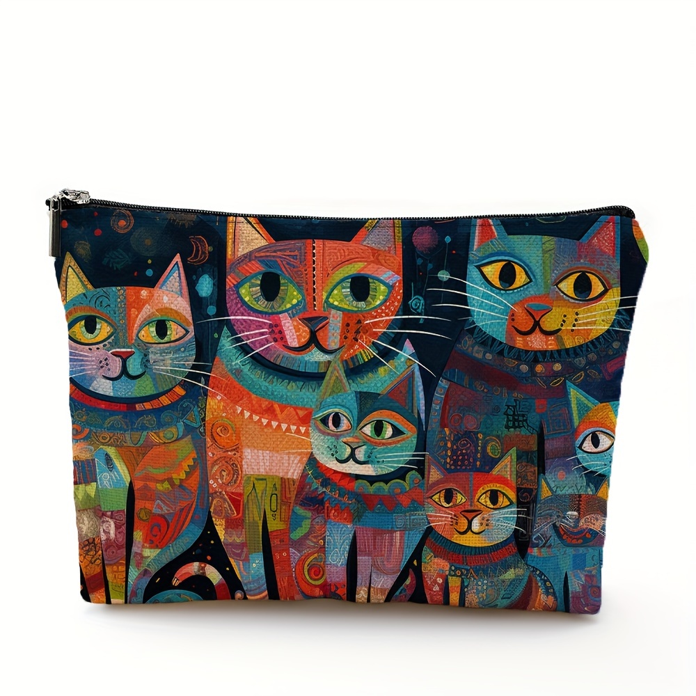 

1pc Toiletry Bag Purse, Waterproof Funny Painting Cats Linen Cosmetic Bags For Women, Zipper Travel Makeup Bag, Gift For Women