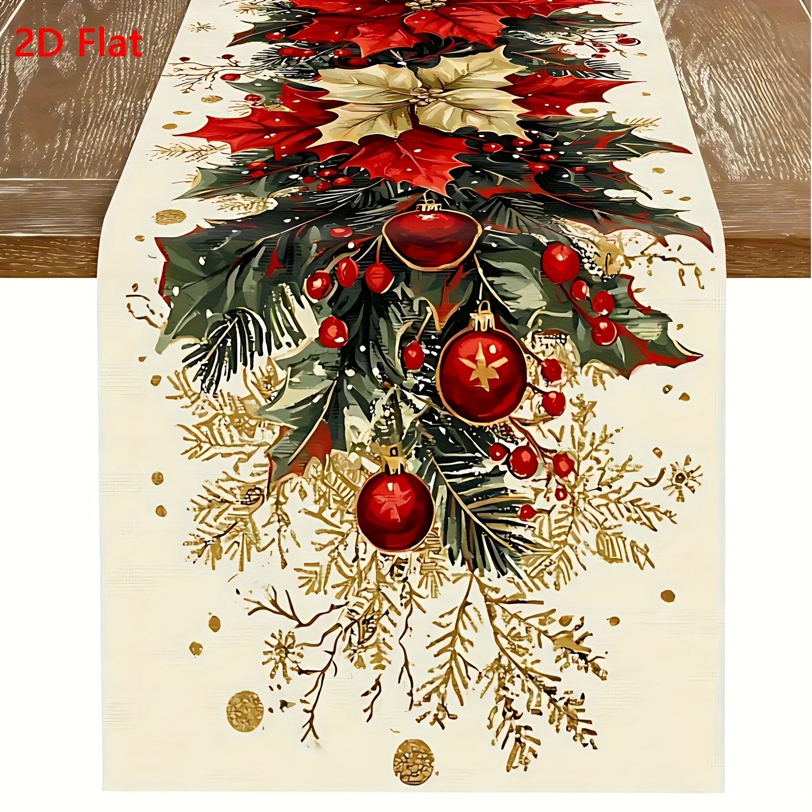 TEMU 1pc 2d Flat Christmas Floral Table Runner - Red And Cream Poinsettia, Holly Leaves, Golden Accented Red Decorative Balls, Showcasing Festive