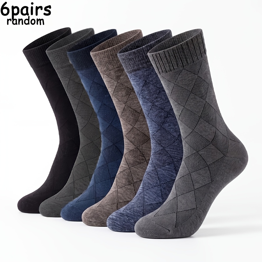 TEMU 6-pair Men's Breathable Diamond-patterned Mid-calf Socks, Minimalist Mature Mid-calf Socks, Random Styles, Suitable For Daily Wear, , And Office