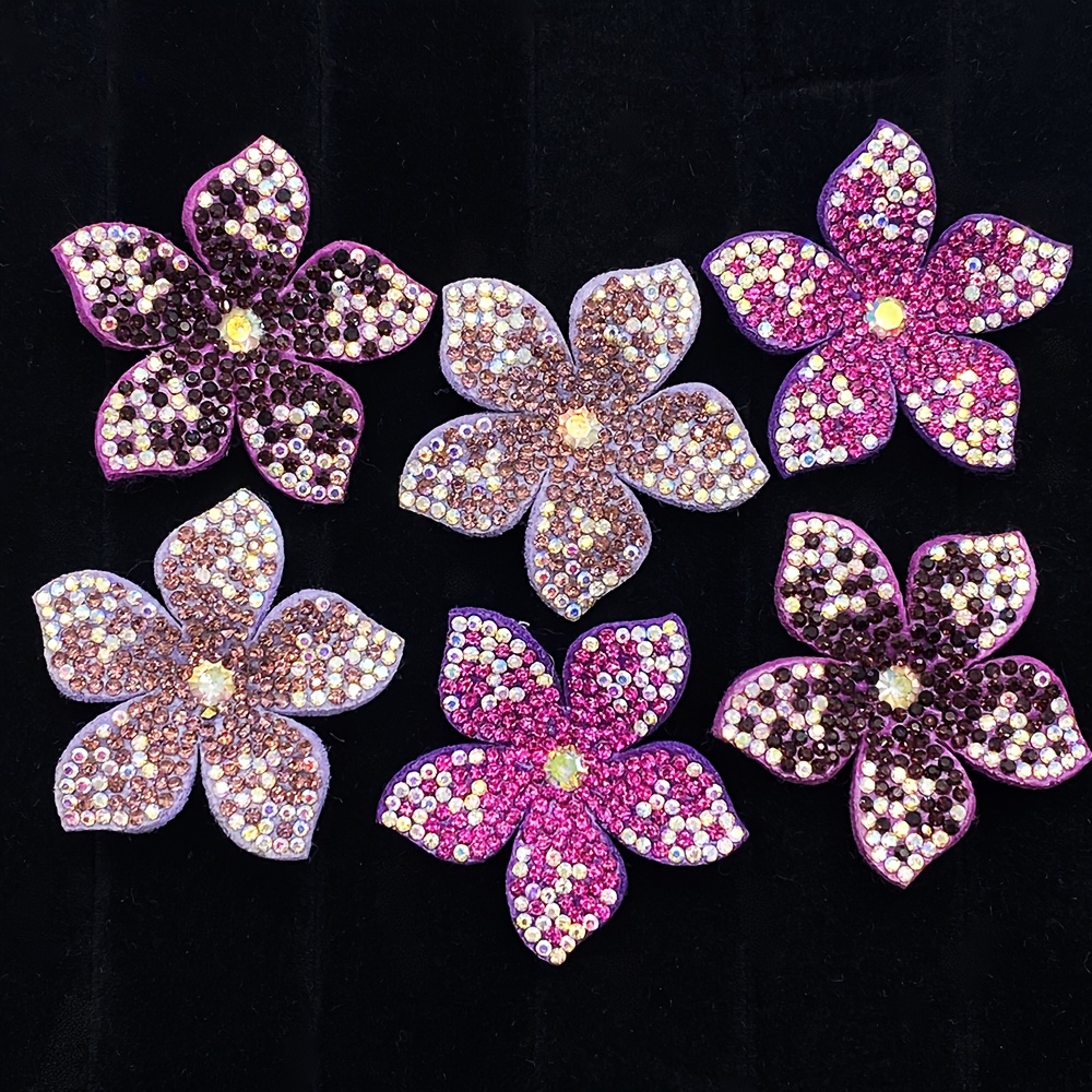 TEMU 6pcs Appliques de fleurs en strass violettes à coudre, embellissements en cristal pour chapeaux de paille, sacs tissés, vêtements, chaussures,