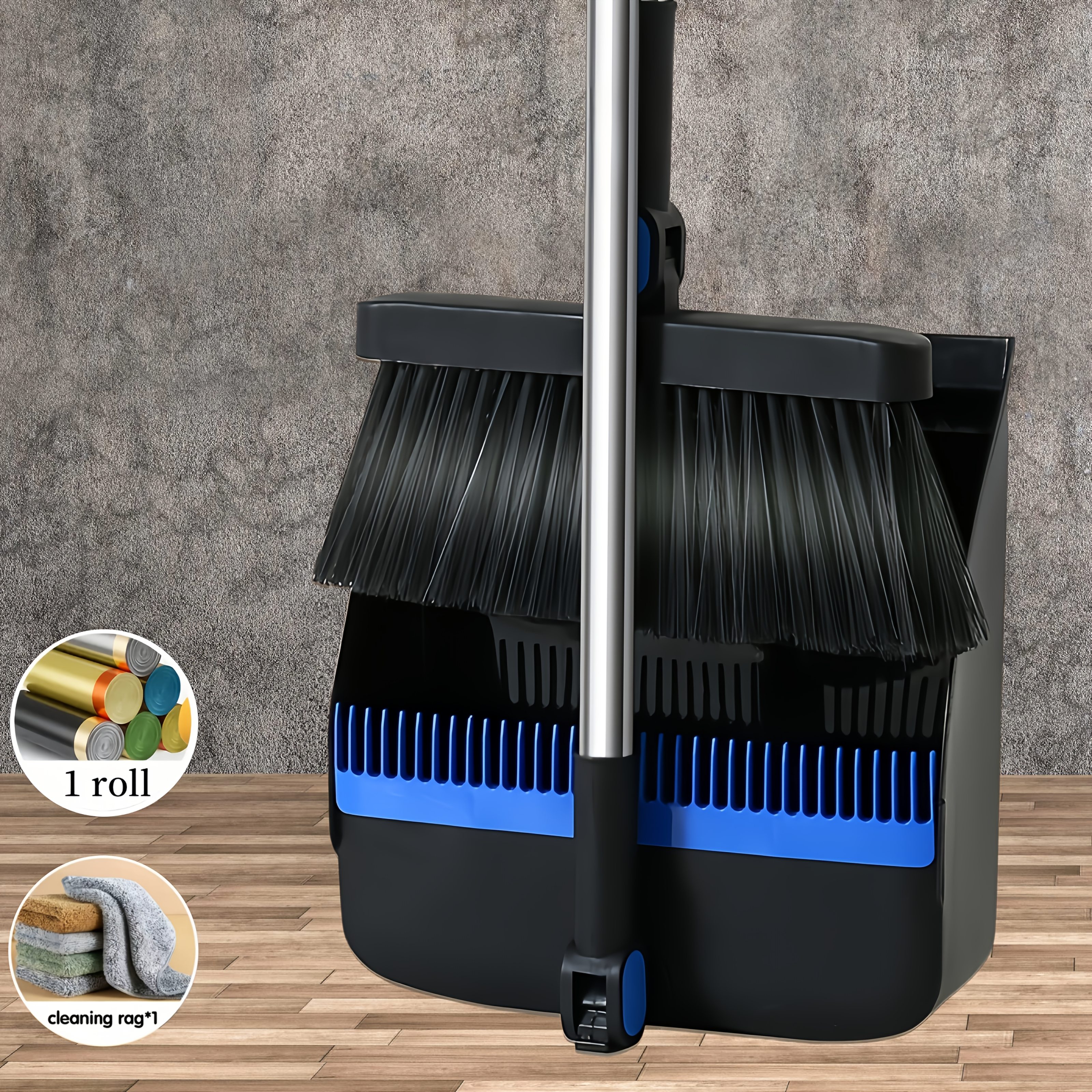 E-shop 2-in-1/3-in-1 Drehbarer, faltbarer Besen mit Kehrschaufel, inklusive Müllbeutel und Handtuch, Antihaft-Haarentfernung für Hartböden, für Boot,