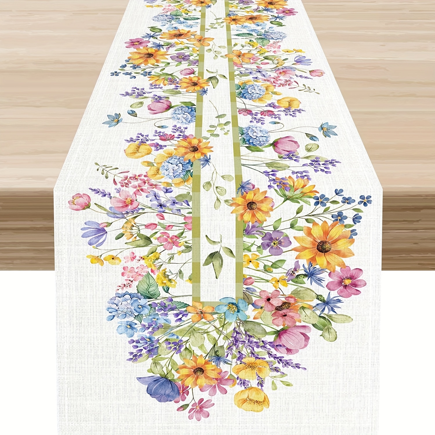 

1pc Watercolor Floral Linen Table Runner - 100% Woven Rectangular Dining Decor With Lavender And Spring Flowers For Home, Party, Indoor Use - Multiple Sizes , Kitchen Flower Decor