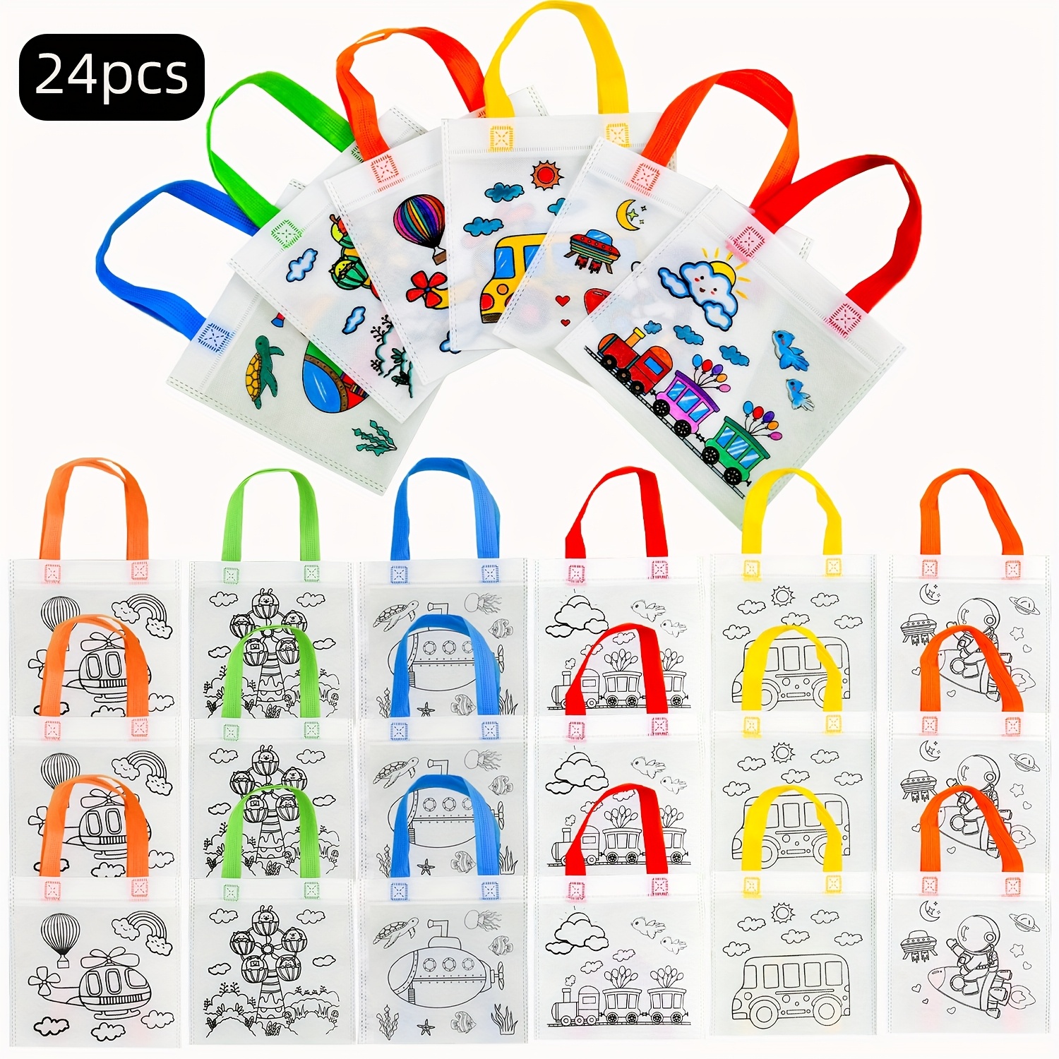 Image of 24pcs Themed Diy Gift Bags, Tote Doodle Gift Bags, Non-woven Candy Bags With Patterns, Holiday Gift Bags, Suitable For Holiday Gifting, Themed Parties, And Birthday Party Craft Packaging Bags